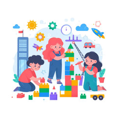 Flat character illustration of children playing and constructing with colorful building blocks. Great for early childhood education visuals and toy advertisements.