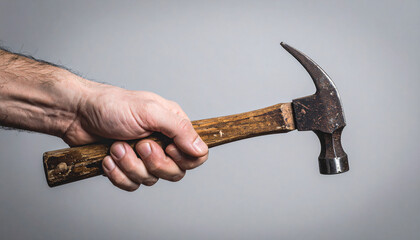 A hand is shown holding a hammer with a worn wooden handle, in the act of hammering a nail against a gray backdrop.