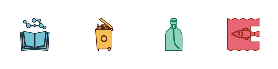 Set Open book, Trash can, Bottle of liquid soap and Stop ocean plastic pollution icon. Vector