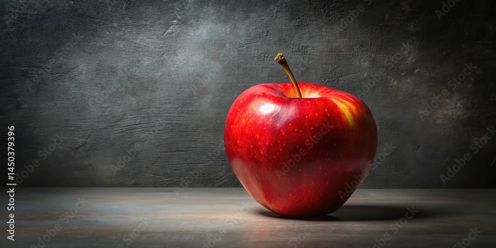 Poster A single red apple sits on a rustic surface against a dark textured backdrop, bathed in soft light.