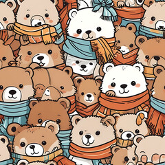 Cozy Bear Cub Pattern a heartwarming pattern of adorable bear cubs donning cozy scarves and sweaters, embodying the essence of warmth and comfort.