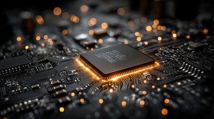 High-tech computer chip glowing on circuit board.  Detailed close-up view of intricate electronic components, highlighted by warm orange light emanating from the chip