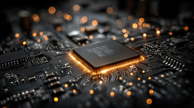 High-tech computer chip glowing on circuit board.  Detailed close-up view of intricate electronic components, highlighted by warm orange light emanating from the chip