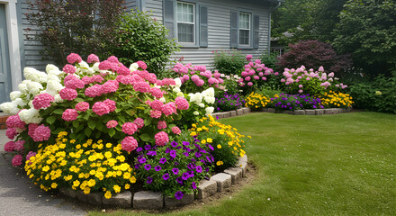 Lush Garden with Hydrangeas and Petunias around a Beautiful Home Exterior