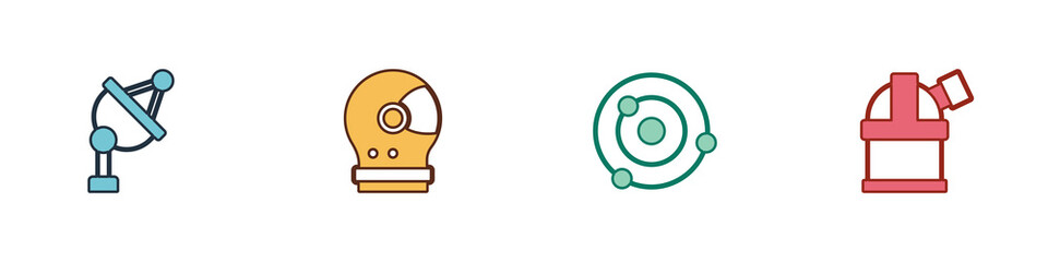 Set Satellite dish, Astronaut helmet, Solar system and Astronomical observatory icon. Vector