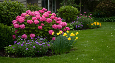 Lush Garden Display Showcasing Hydrangeas and Daffodils in Abundant Bloom