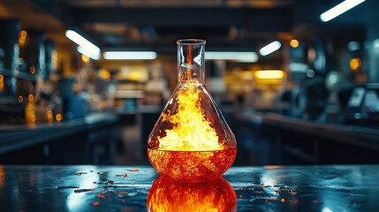Burning chemical solution in a flask in a lab setting