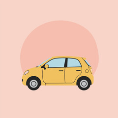 Minimalist flat design illustration of an orange car featuring trees, nature, and outdoor elements under a bright sun with birds flying in the background.

