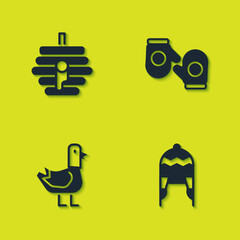 Set Hive for bees, Winter hat, Dove and Christmas mitten icon. Vector