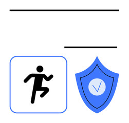 Running stick figure icon and blue shield with checkmark highlight fitness, safety, reliability. Ideal for sports, healthcare, exercise, insurance, protection, security simple landing page