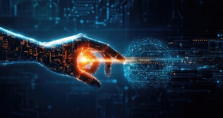 Robotic hand interacts with glowing sphere over abstract circuit board background showing technology's precision