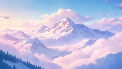 Majestic mountain peak, shrouded in a soft, pastel-colored mist, bathed in golden light.  A serene and picturesque view of snowy peaks and clouds