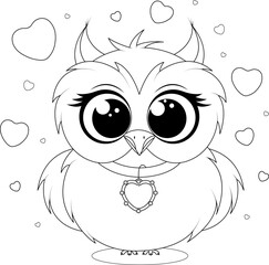 Owl coloring page for kids with hearts