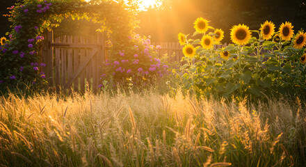 Obraz premium Sunflowers And A Gate With Flowers In A Summer Meadow At Sunset