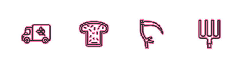 Set line Flour truck, Scythe, Bread toast and Garden pitchfork icon. Vector