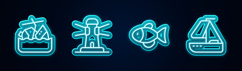 Set line Sinking cruise ship, Lighthouse, Fish and Yacht sailboat. Glowing neon icon. Vector
