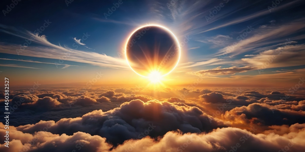 Poster a celestial spectacle unfolds as a solar eclipse casts its shadow upon a sea of clouds, bathed in th