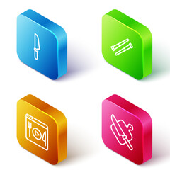 Set Isometric line Knife, Food chopsticks, Cooking live streaming and Cutting board and knife icon. Vector