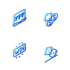 Set Isometric line Game dice, Laptop and slot machine, Casino win and icon. Vector