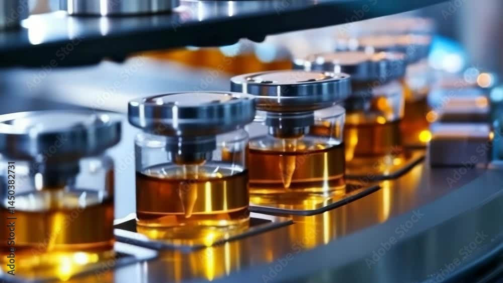 Aufkleber This image captures a laboratory scene where a machine dispenses liquid into vials. The focus highlights automated systems in research, manufacturing, and quality control processes.