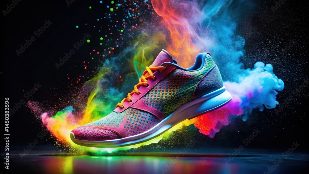 Poster a single athletic shoe with vibrant colorful patterns is captured in mid-air surrounded by a cloud o
