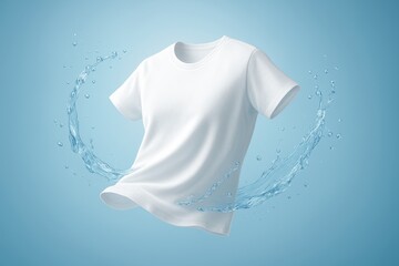Clean white t-shirt is floating and surrounded by two symmetrical splashes of water forming a circle on a blue background, representing washing, freshness, and laundry