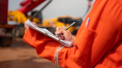 An engineer or foreman is checking on safety checklist form of lifting crane at the drilling rig...