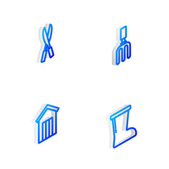 Set Isometric line Garden rake, Gardening handmade scissors, Wooden outdoor toilet and Waterproof rubber boot icon. Vector