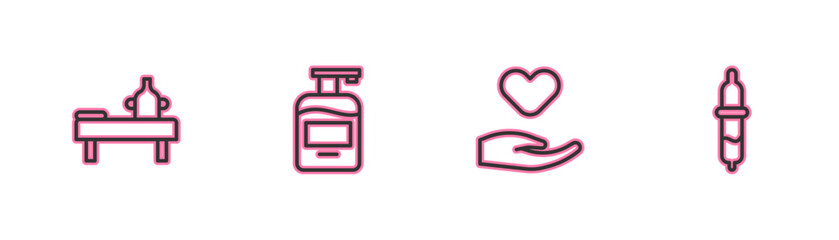Set line Massage table with oil, Heart in hand, Bottle of liquid soap and Pipette icon. Vector