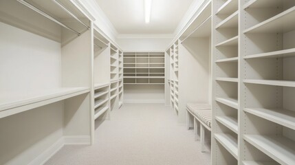 Spacious Walk-in Closet Design: Luxurious White Shelving and Storage Solutions