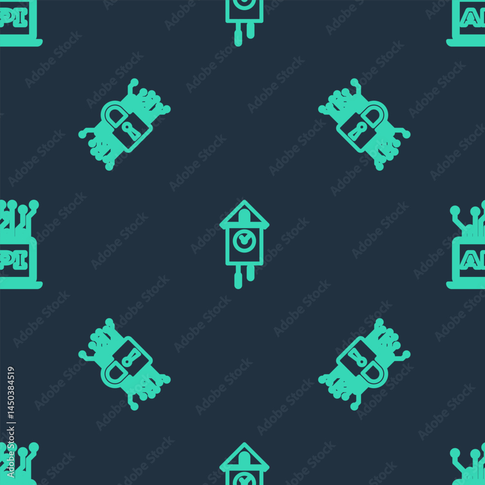 Poster Set line Retro wall watch, Cyber security and Computer api interface on seamless pattern. Vector
