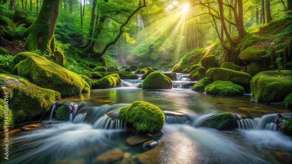 Poster Sunlight Filters Through The Lush Canopies Of A Tranquil Forest As A Stream Flows Over Moss-Covered Rocks