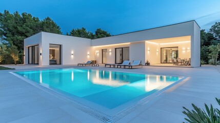 Fototapeta premium Modern home exterior with swimming pool at twilight for lifestyle concepts