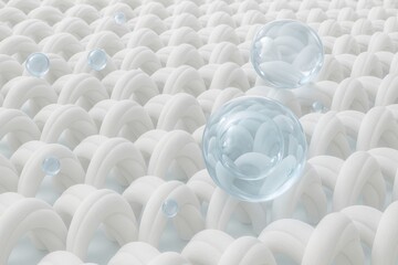 Obraz premium Microscopic view showcasing water droplets resting on a textured, white, water-repellent fabric, demonstrating its resistance to absorption and highlighting its innovative design