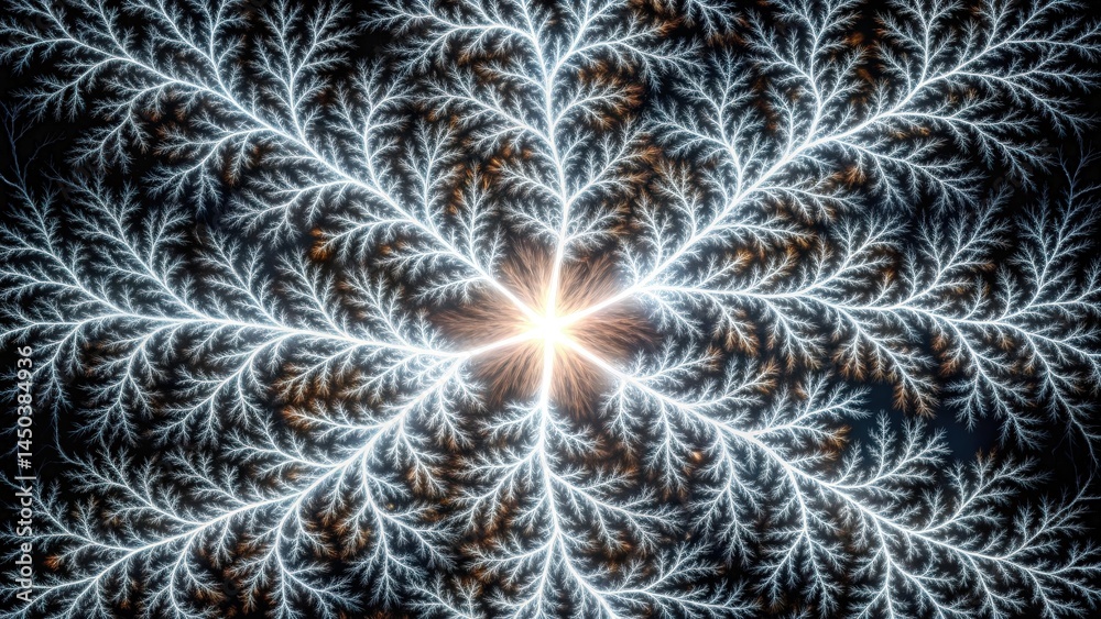 Poster A fractal design with intricate branches radiating outwards from a central glowing point, creating a mesmerizing visual display of symmetry and complexity.