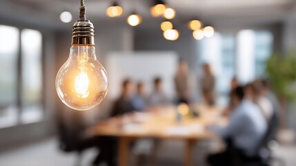 Illuminated lightbulb in office meeting room; brainstorming, modern workplace; business concept