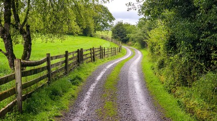Obraz premium Narrow country lane with wooden fences and lush green surroundings on white