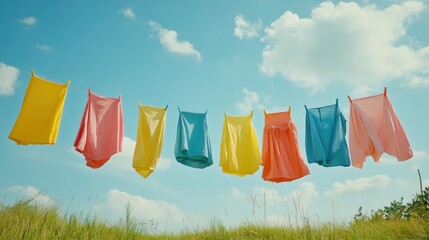 Colorful Clothes Drying in a Sunny Meadow