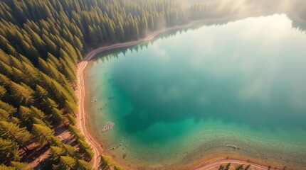 Naklejka premium Aerial view of serene turquoise lake nestled in a lush evergreen forest, misty morning light