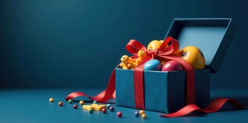 Elegant dark blue backdrop; open gift box reveals assorted toys , store, design, intimacy