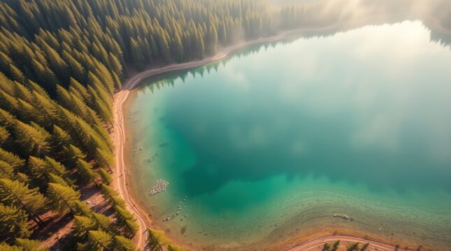 Aerial view of serene turquoise lake nestled in a lush evergreen forest, misty morning light