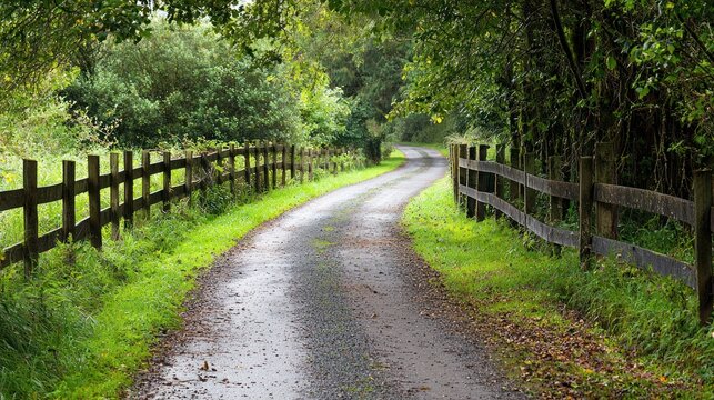 Narrow country lane with wooden fences and lush green surroundings on white