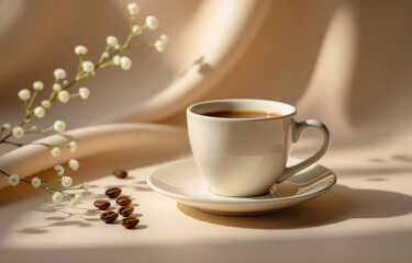 A warm, inviting scene: a cup of coffee sits on a saucer, next to scattered coffee beans and delicate white flowers, bathed in soft sunlight against a beige fabric backdrop.