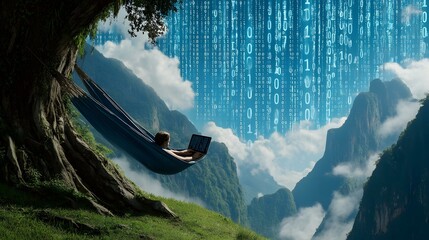 cascading over a mountain with binary streams and a person working at the base in a hammock