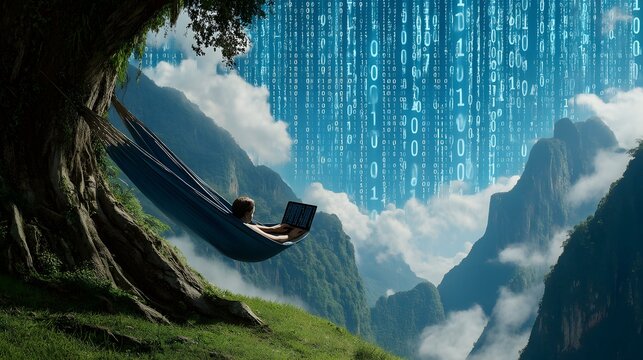cascading over a mountain with binary streams and a person working at the base in a hammock