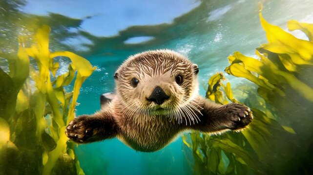 Playful sea otter swimming in kelp forest.