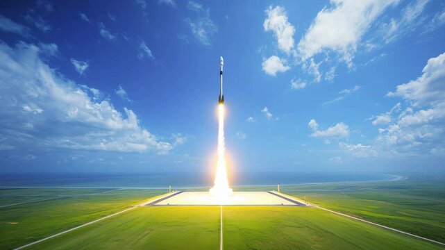 Rocket launching into a clear blue sky.