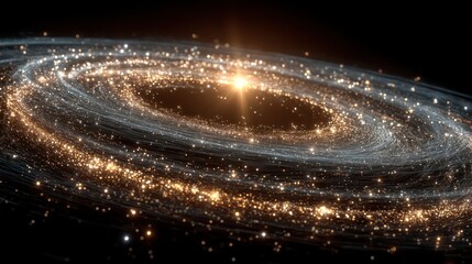 Spiral galaxy of golden light and dust.  A swirling vortex of glittering particles, radiating light in the center