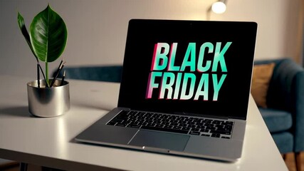 Subtle color variations animate the black friday sale message displayed on a laptop screen, placed on a white table next to a small plant in a pot - Powered by Adobe