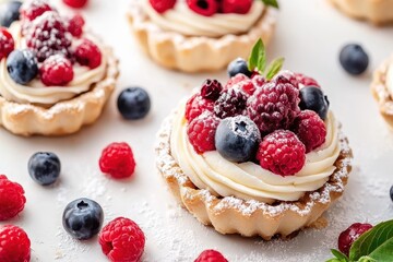 Delicious berry tartlets with cream frosting, surrounded by fresh berries on a white backdrop